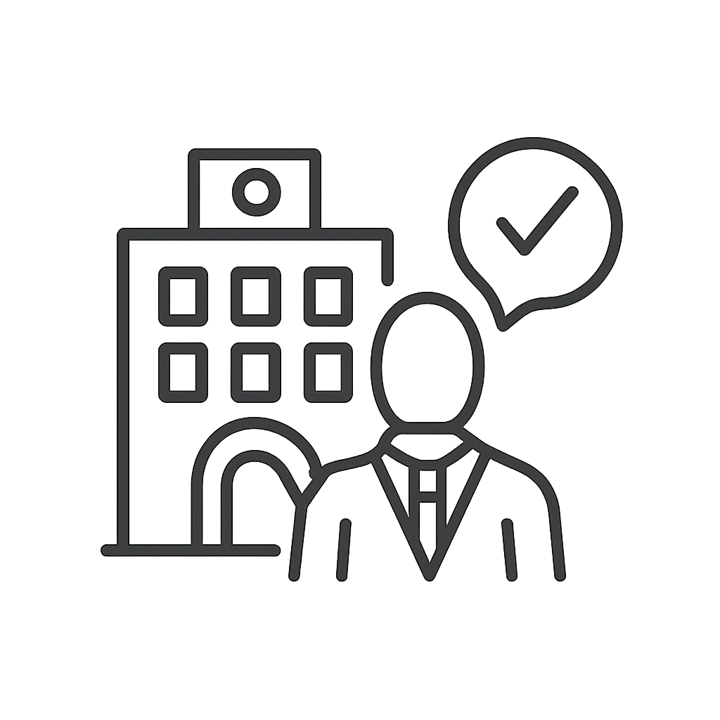 A simple illustration of a person and a building, likely representing a business or office scene. The person is shown with...